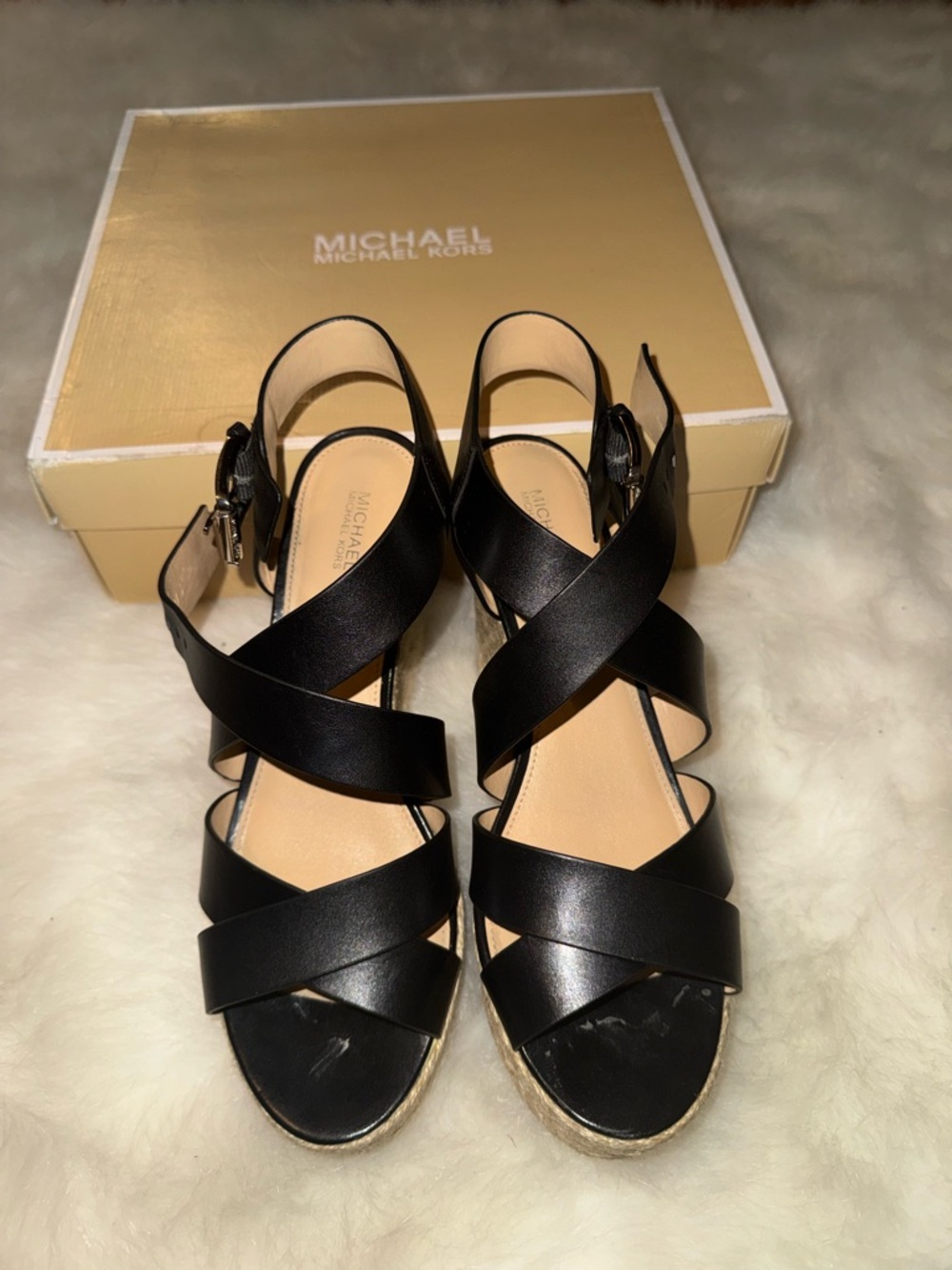 Michael Kors Black Leather Crisscross Wedge Sandals